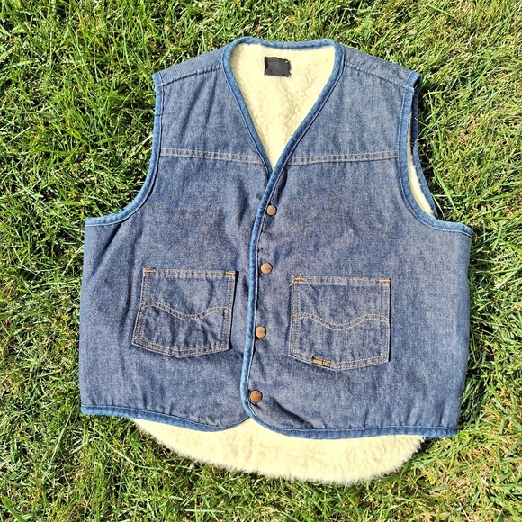 Vintage Sears Roebuck shearling lined denim sherpa snap button vest Large - Picture 9 of 10